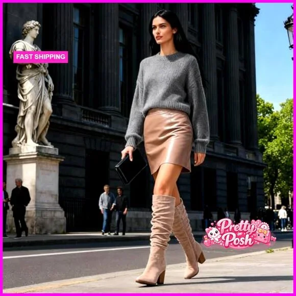 Pointed Toe Knee High Boots Faux Suede Slouch Boots with Chunky Heel - Picture 2 of 7